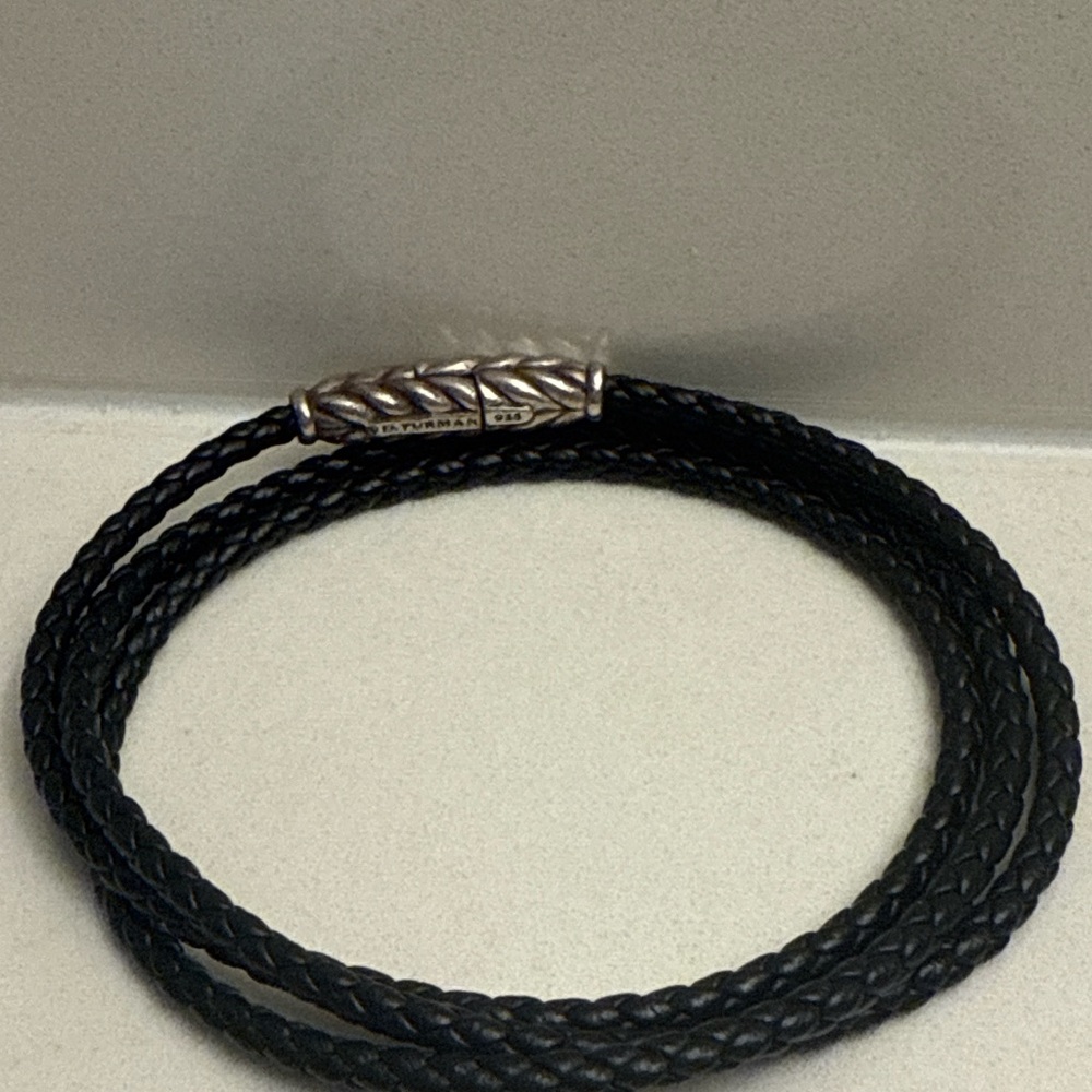 David Yurman Black Leather Triple Wrap Bracelet with chevron clasp